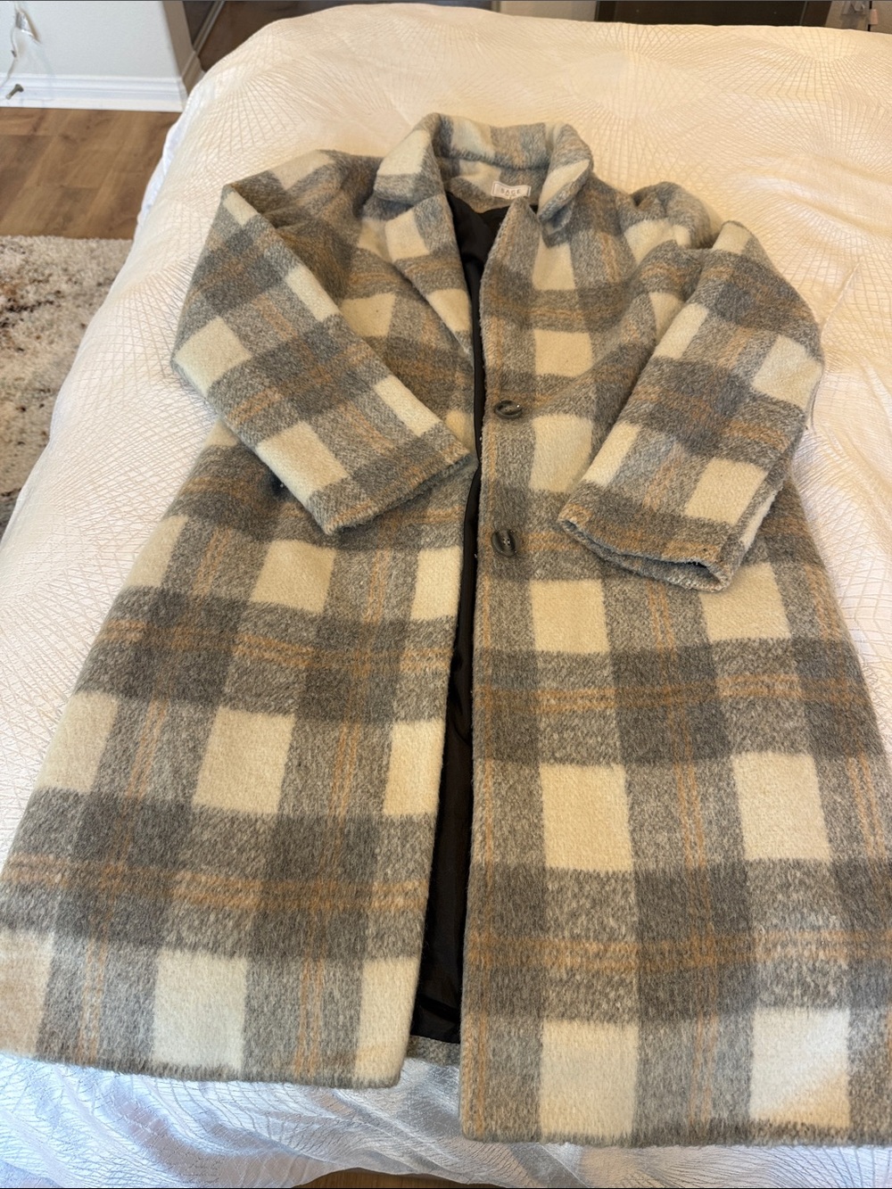 Sage Plaid Wool-Blend Coat in Cream, Gray & Tan Accent